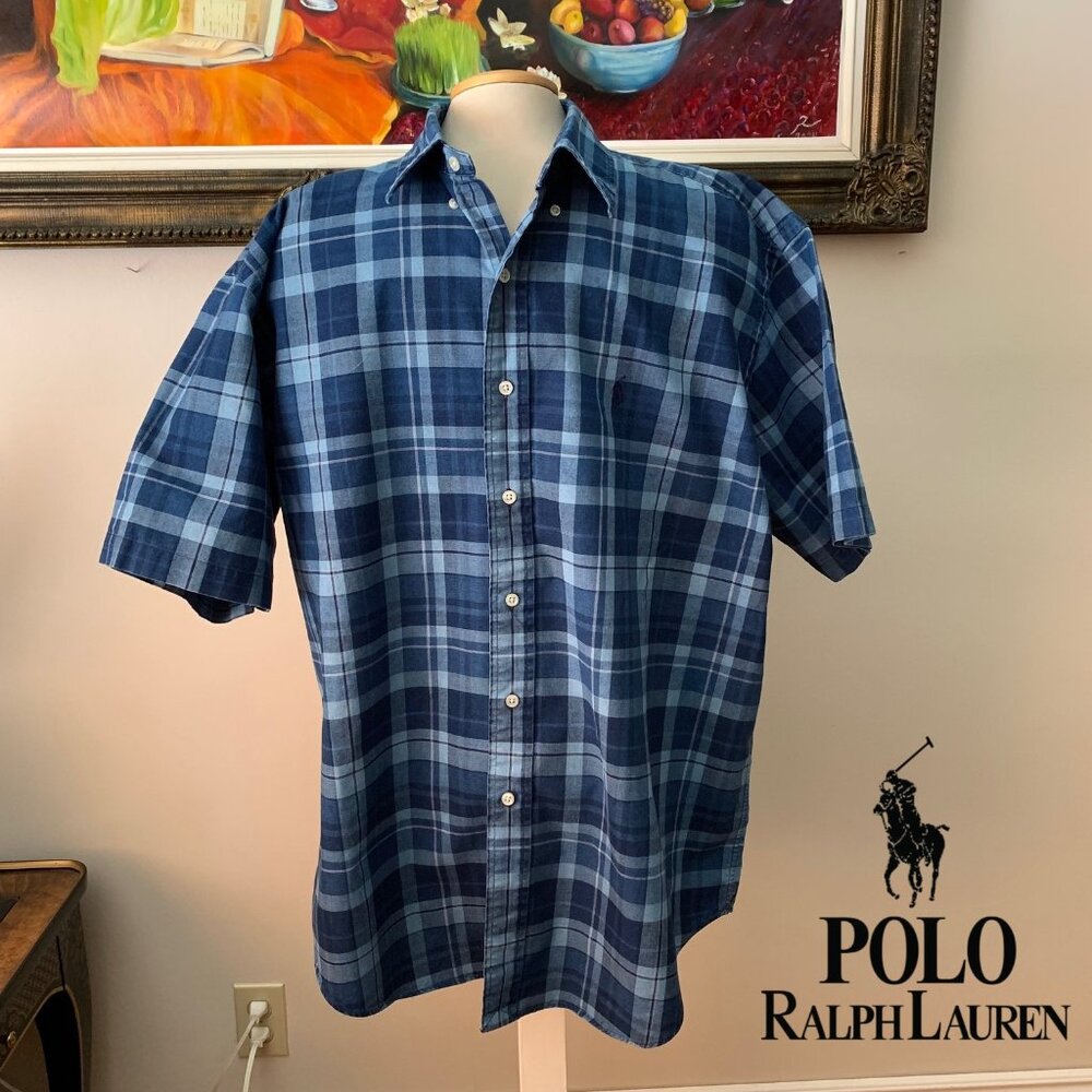 Polo Ralph Lauren Men’s Blake L Shirt Checkered Dark and Light Blue Button Down